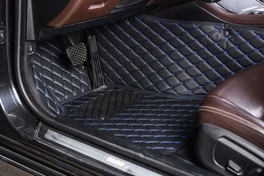 Buy Black and Blue Stitching Luxury Leather Diamond Car Floor Mats UK