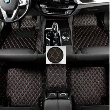 Buy Black and Orange Stitching Luxury Leather Diamond Car Floor Mats UK