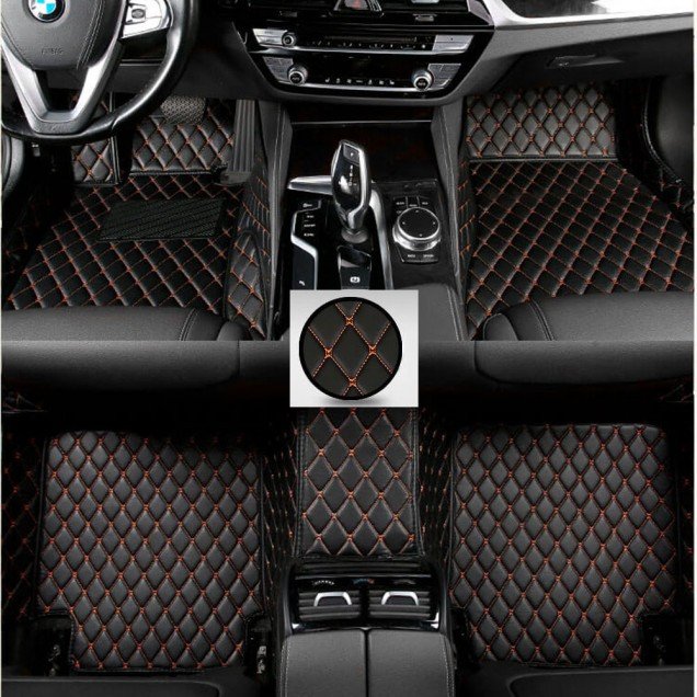 Buy Black and Orange Stitching Luxury Leather Diamond Car Floor Mats UK Buy Black and Orange Stitching Luxury Leather Diamond Car Floor Mats UK