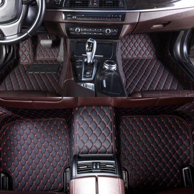 Buy Black and Red Stitching Luxury Leather Diamond Car Floor Mats UK