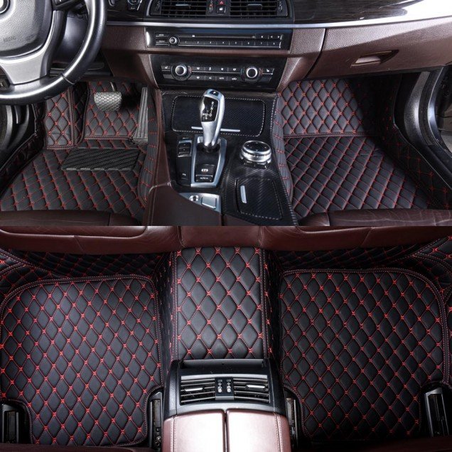 Buy Black and Red Stitching Luxury Leather Diamond Car Floor Mats UK Buy Black and Red Stitching Luxury Leather Diamond Car Floor Mats UK