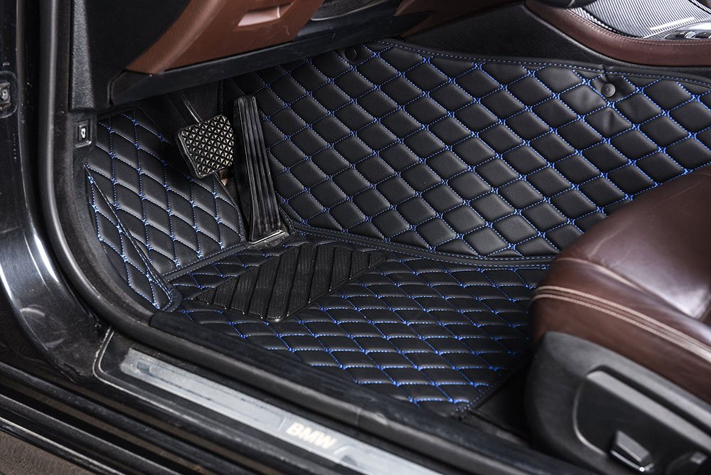 Buy Black and Blue Stitching Luxury Leather Diamond Car Mats UK