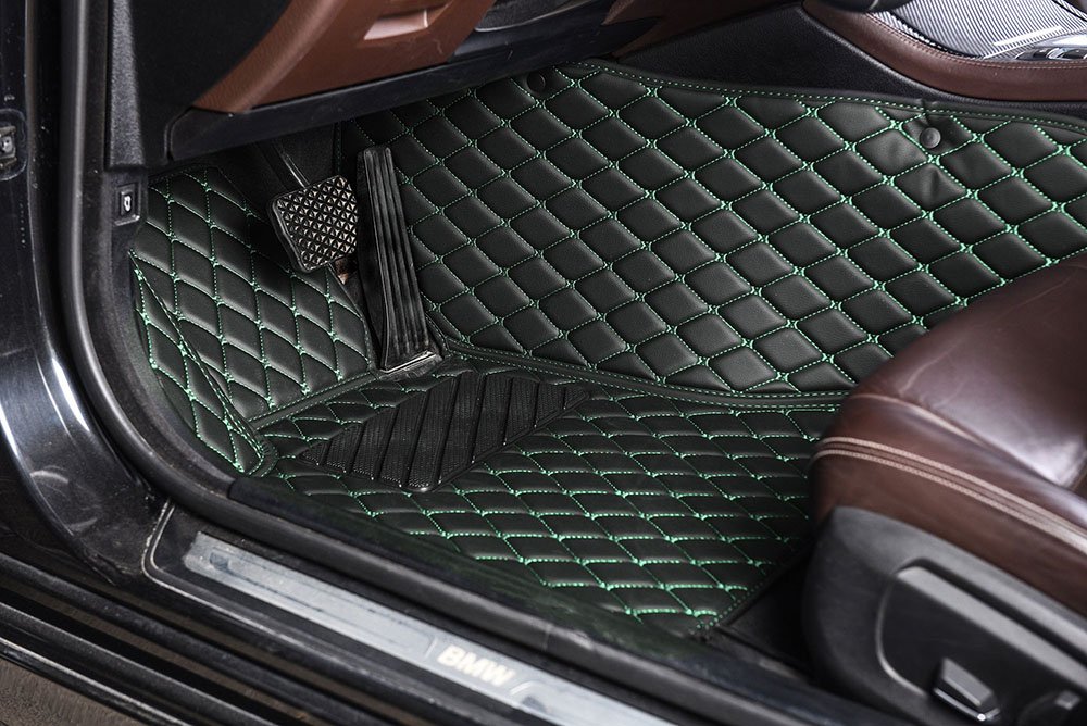 Buy Black and Green Stitching Luxury Leather Diamond Car Mats UK