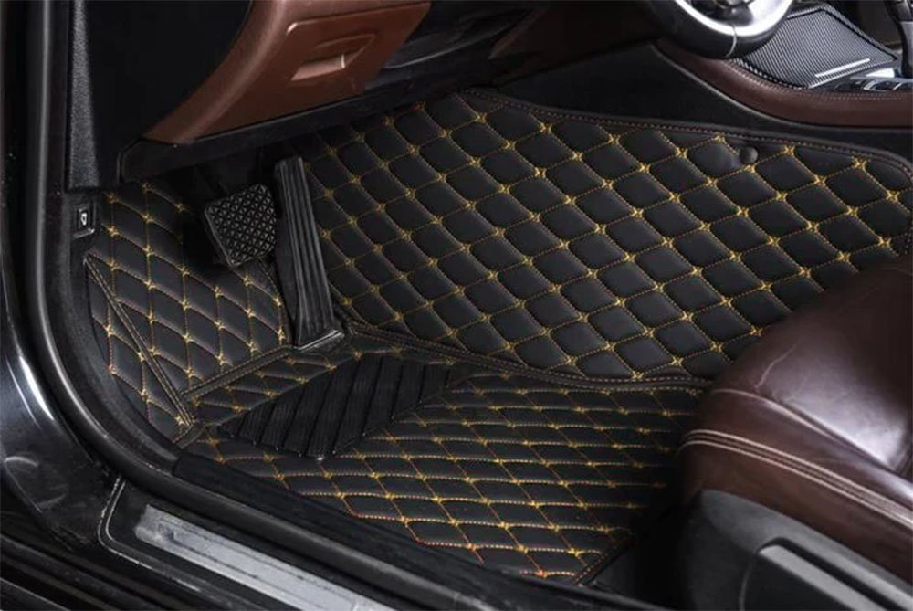 Buy Black and Yellow Stitching Luxury Leather Diamond Car Mats UK