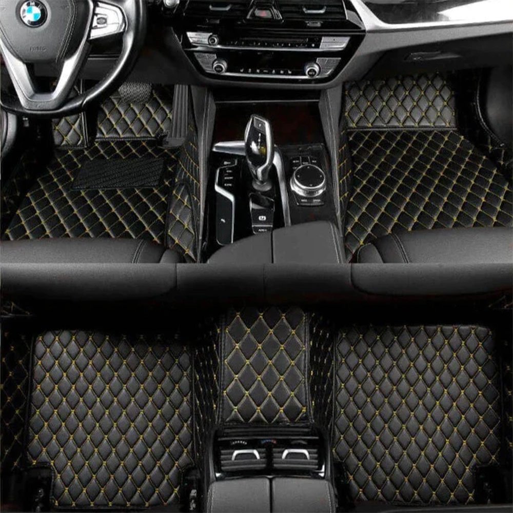 Buy Black and Yellow Stitching Luxury Leather Diamond Car Mats UK